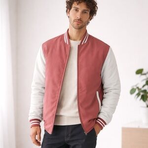 [xl] Frank & Oak Varsity Skyline Reversible Bomber Jacket Dusty Rose/White